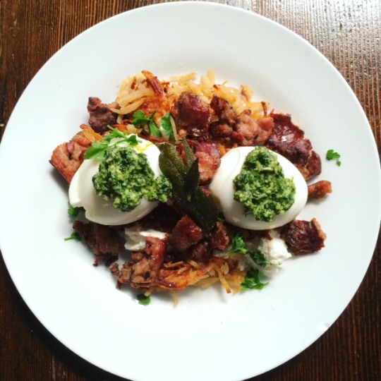 Hashbrown cups with chicken sausage, soft boiled eggs, burrata and pesto.